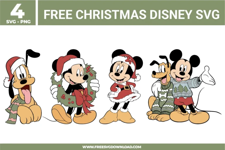 Free Christmas Disney SVG designs showing Mickey Minnie and Pluto wearing festive holiday outfits with wreaths scarves and winter sweaters
