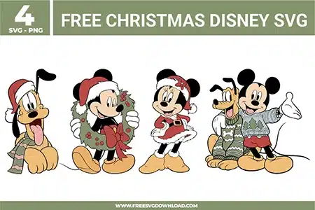 Free Christmas Disney SVG designs showing Mickey Minnie and Pluto wearing festive holiday outfits with wreaths scarves and winter sweaters