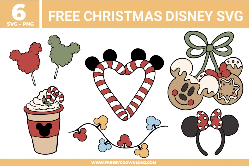 Free Christmas Disney SVG designs showing Mickey shaped candy canes gingerbread cookies hot cocoa cups bows and festive holiday decorations