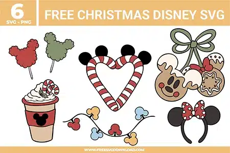 Free Christmas Disney SVG designs showing Mickey shaped candy canes gingerbread cookies hot cocoa cups bows and festive holiday decorations