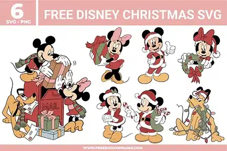 Free Disney Christmas SVG designs showing Mickey Minnie and Pluto in festive holiday scenes with gift boxes wreaths Santa outfits candy canes and winter decorations