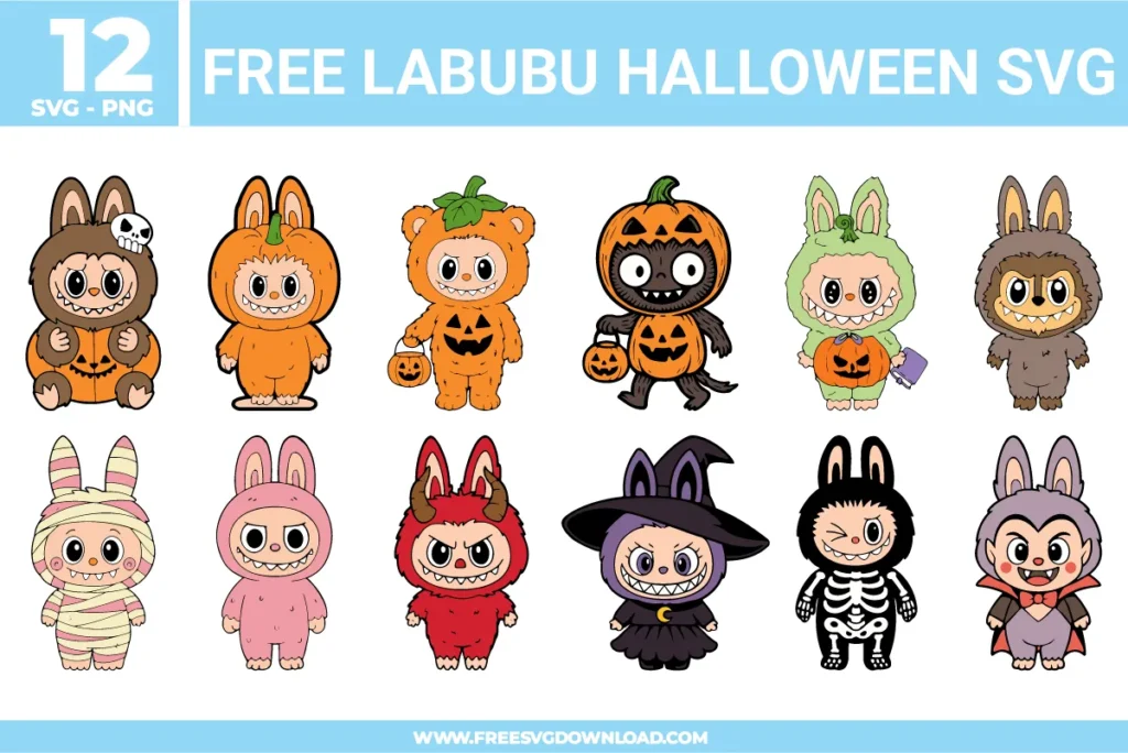 Free Labubu Halloween SVG collection featuring twelve adorable Labubu and Zimomo characters dressed in cute Halloween costumes including pumpkin, mummy, witch, skeleton, vampire, devil, and bunny outfits, perfect for Cricut and Silhouette Halloween crafts.