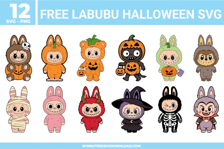 Free Labubu Halloween SVG collection featuring twelve adorable Labubu and Zimomo characters dressed in cute Halloween costumes including pumpkin, mummy, witch, skeleton, vampire, devil, and bunny outfits, perfect for Cricut and Silhouette Halloween crafts.
