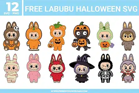 Free Labubu Halloween SVG collection featuring twelve adorable Labubu and Zimomo characters dressed in cute Halloween costumes including pumpkin, mummy, witch, skeleton, vampire, devil, and bunny outfits, perfect for Cricut and Silhouette Halloween crafts.