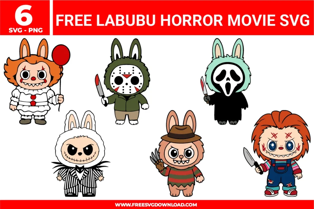 Free Labubu Horror Movie SVG collection featuring six Labubu characters dressed as famous horror icons including Pennywise, Jason Voorhees, Ghostface, Freddy Krueger, Jack Skellington, and Chucky, perfect for Halloween Cricut and Silhouette crafts.