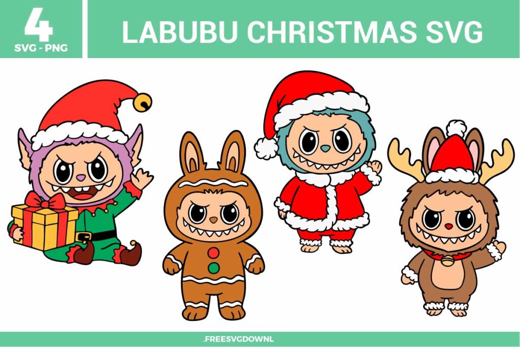 4 free Labubu Christmas SVG and PNG files for crafting. The collection shows the Labubu character in four festive holiday costumes: a purple-faced elf holding a yellow gift box, a gingerbread man with green and red buttons, Santa Claus in a classic red suit waving, and a reindeer with antlers and a bell.