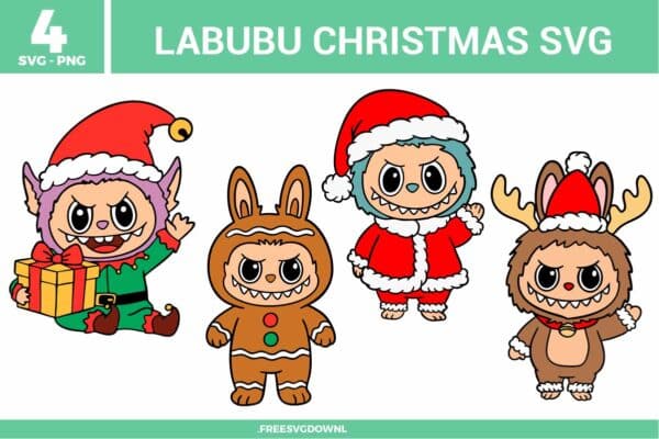 4 free Labubu Christmas SVG and PNG files for crafting. The collection shows the Labubu character in four festive holiday costumes: a purple-faced elf holding a yellow gift box, a gingerbread man with green and red buttons, Santa Claus in a classic red suit waving, and a reindeer with antlers and a bell.