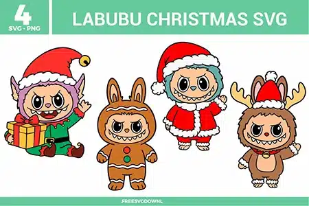 4 free Labubu Christmas SVG and PNG files for crafting. The collection shows the Labubu character in four festive holiday costumes: a purple-faced elf holding a yellow gift box, a gingerbread man with green and red buttons, Santa Claus in a classic red suit waving, and a reindeer with antlers and a bell.