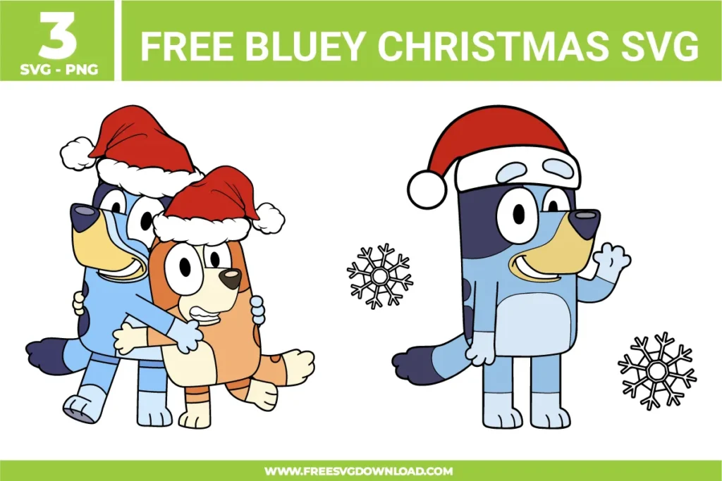 Bluey and Bingo wearing red Santa hats and hugging, along with a solo Bluey in a Santa hat next to snowflakes, designed as free svg files for holiday crafting.