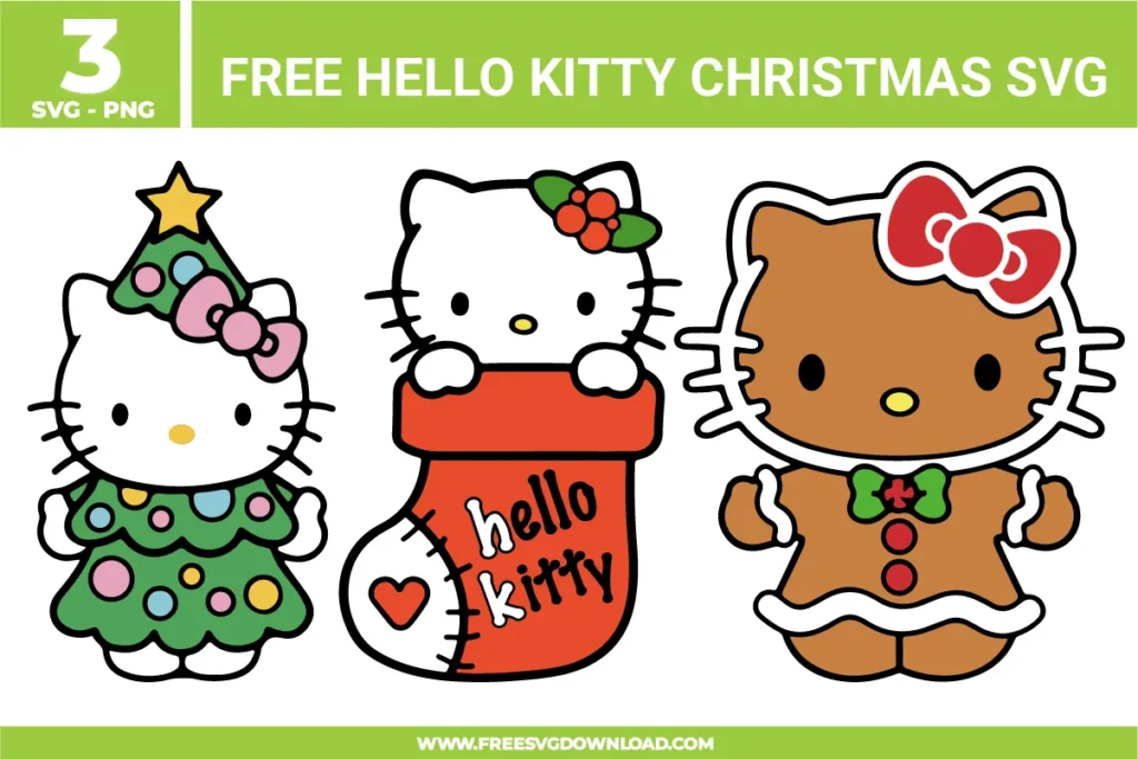 3 free Hello Kitty Christmas SVG and PNG files for crafting. The collection shows Hello Kitty in three festive holiday designs: dressed as a decorated Christmas tree with a gold star, peeking out of a red Christmas stocking with holly, and as a gingerbread cookie with a red bow.
