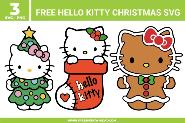 3 free Hello Kitty Christmas SVG and PNG files for crafting. The collection shows Hello Kitty in three festive holiday designs: dressed as a decorated Christmas tree with a gold star, peeking out of a red Christmas stocking with holly, and as a gingerbread cookie with a red bow.