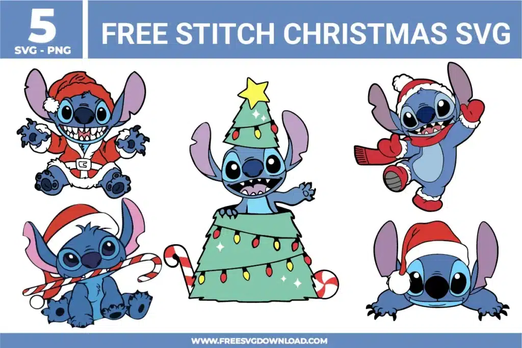 Free Stitch Christmas SVG designs showing Stitch wearing Santa hats, scarves, and festive outfits with candy canes and Christmas tree elements