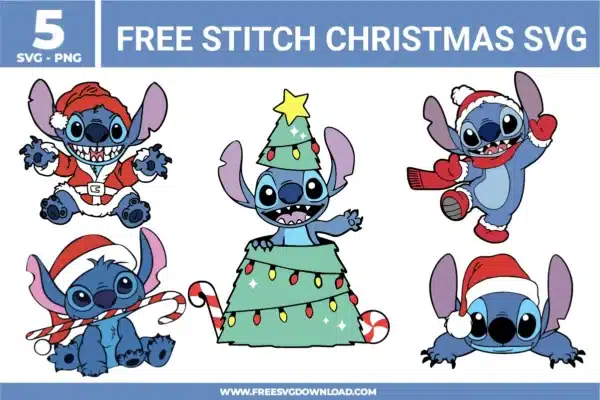 Free Stitch Christmas SVG designs showing Stitch wearing Santa hats, scarves, and festive outfits with candy canes and Christmas tree elements
