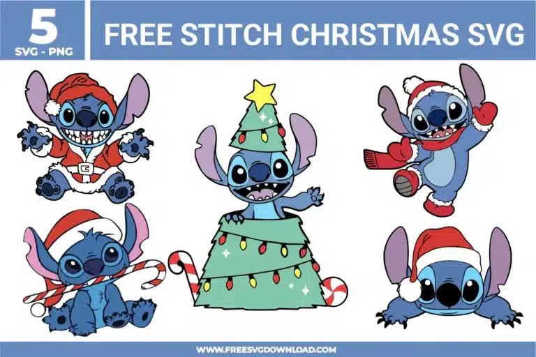 Free Stitch Christmas SVG designs showing Stitch wearing Santa hats, scarves, and festive outfits with candy canes and Christmas tree elements
