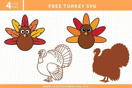 Collection of 4 free svg files featuring cartoon and realistic Thanksgiving turkey graphics for autumn crafting. The set includes a cute cartoon turkey with layered brown, red, yellow, and orange feathers, a simplified turkey vector with large expressive eyes, a detailed black and white realistic turkey line art drawing, and a solid brown turkey silhouette with a fanned tail.