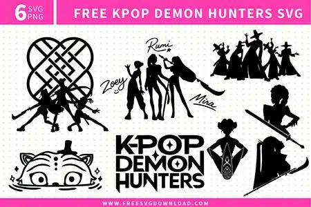 Kpop Demon Hunters SVG bundle preview showing six black silhouette designs with K-pop group poses, character names, demon hunter figures, sword artwork, cat face graphic, and bold title lettering for Cricut and Silhouette.