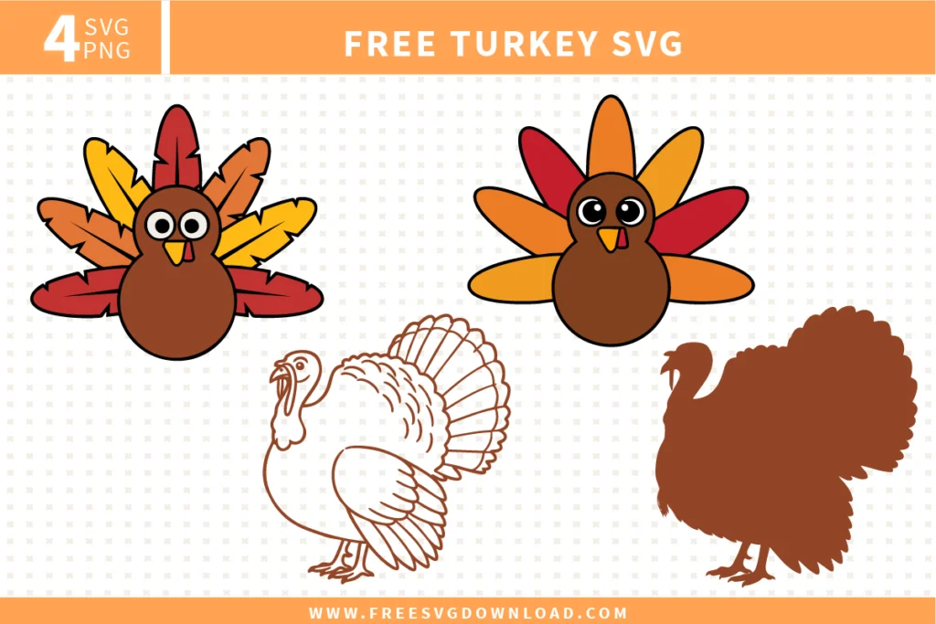 Collection of 4 free svg files featuring cartoon and realistic Thanksgiving turkey graphics for autumn crafting. The set includes a cute cartoon turkey with layered brown, red, yellow, and orange feathers, a simplified turkey vector with large expressive eyes, a detailed black and white realistic turkey line art drawing, and a solid brown turkey silhouette with a fanned tail.
