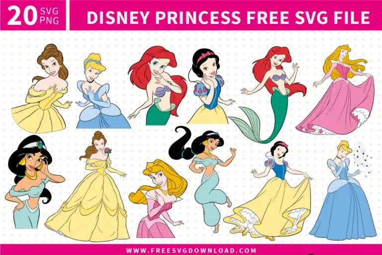 Free Disney Princess SVG designs showing Belle Cinderella Ariel Snow White Aurora Jasmine and other princess characters in classic dresses and elegant poses for Disney themed crafting projects