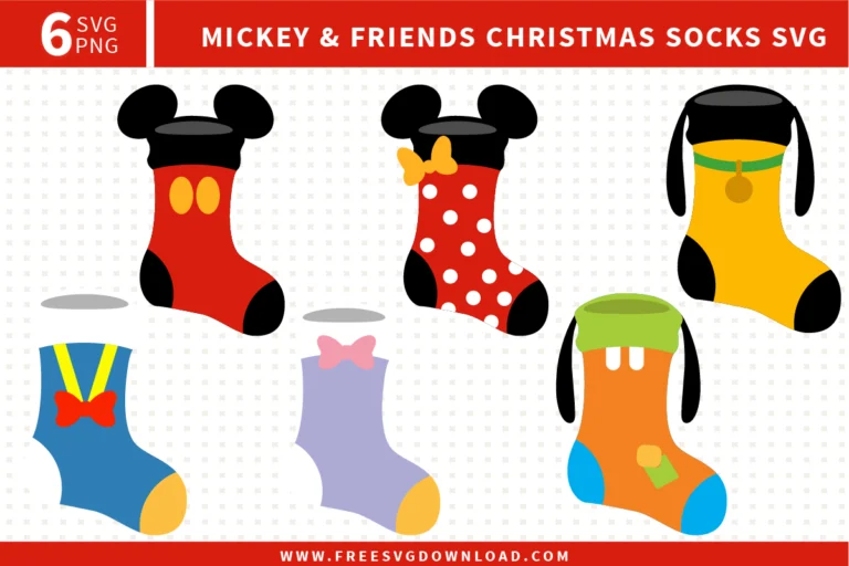 Free Mickey and Friends Christmas socks SVG designs showing holiday stocking illustrations inspired by Mickey Minnie Donald Daisy Goofy and Pluto with festive colors and clean shapes for Disney themed Christmas crafting projects