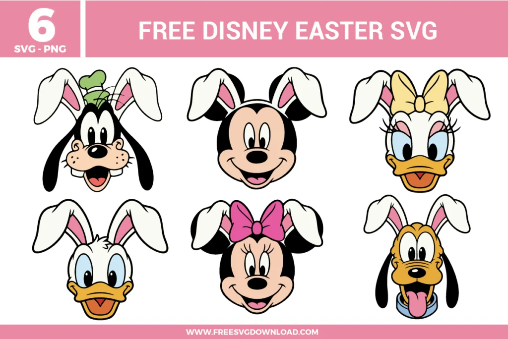 Disney Easter character heads featuring Goofy, Mickey, Daisy, Donald, Minnie, and Pluto wearing bunny ears with soft pink accents and cheerful spring expressions.