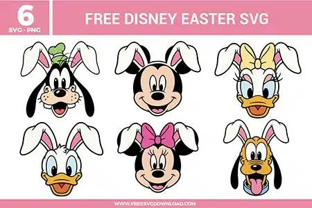 Disney Easter character heads featuring Goofy, Mickey, Daisy, Donald, Minnie, and Pluto wearing bunny ears with soft pink accents and cheerful spring expressions.