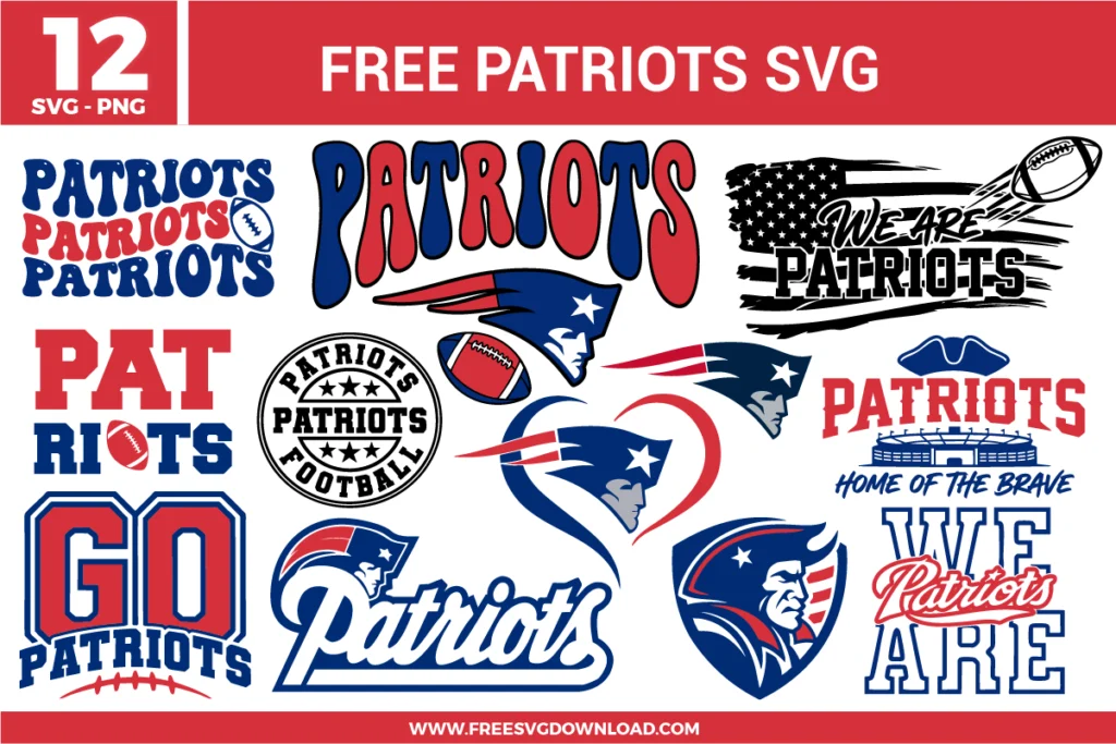 Free new england patriots svg files featuring a 12-pack bundle of football sports team fan graphics. The navy blue, red, and silver vector designs showcase classic team helmets, patriotic stars and stripes logos, a distressed American flag backdrop with a flying football, a heart logo emblem, and bold game day typography like "Go Patriots" and "Home of the Brave" for custom apparel.