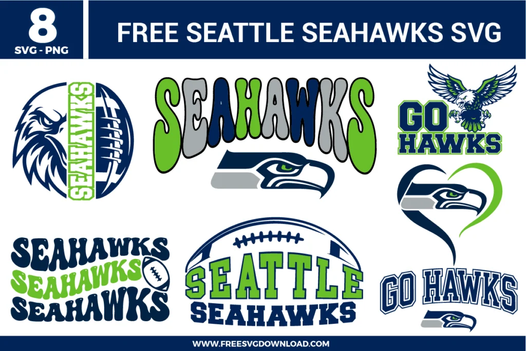 Free Seattle Seahawks SVG bundle featuring multiple Seahawks logo designs, Go Hawks text, football graphics, and eagle mascot styles for Cricut and Silhouette projects.