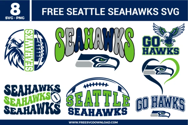 Free Seattle Seahawks SVG bundle featuring multiple Seahawks logo designs, Go Hawks text, football graphics, and eagle mascot styles for Cricut and Silhouette projects.