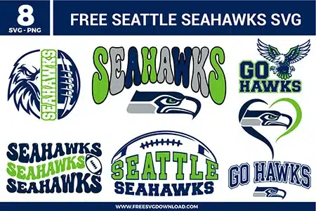 Free seattle seahawks svg files featuring an 8-pack bundle of football sports team fan graphics. The navy blue, lime green, and grey vector designs include stylized hawk logos, a heart-shaped hawk emblem, a split football graphic, and team typography slogans like "Go Hawks" and "Seattle Seahawks" for custom game day gear.