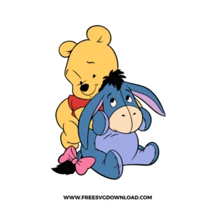 Baby Eeyore and Winnie SVG File showing a cute yellow bear hugging a small blue donkey in a soft vector illustration.