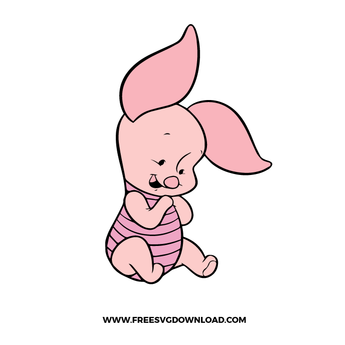 Baby Piglet SVG File showing a small pink piglet sitting shyly with folded hands and wearing a striped outfit in a clean vector style.