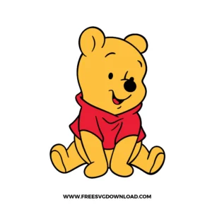Baby Winnie the Pooh SVG File showing a cute yellow bear sitting with a gentle smile and wearing a red shirt in a clean vector style.