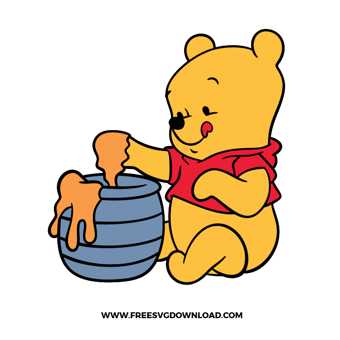 Baby Winnie the Pooh Honey SVG File showing a cute yellow bear dipping his paw into a honey pot with honey dripping over the side in a clean vector style.