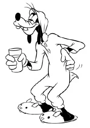 Goofy wearing pajamas and holding a drink – Disney printable coloring page for kids