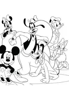 Mickey Mouse with Minnie, Pluto, Goofy and Donald – printable Disney coloring page for kids