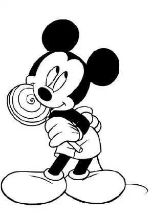 Mickey Mouse eating a lollipop – fun Disney printable coloring page
