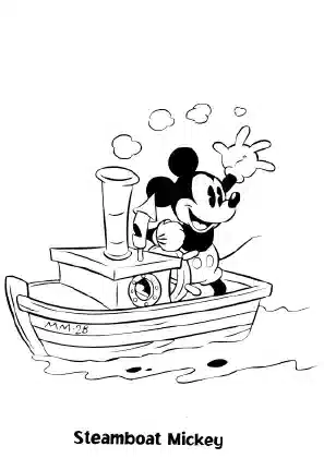 Steamboat Mickey Mouse on a boat – classic Disney printable coloring page