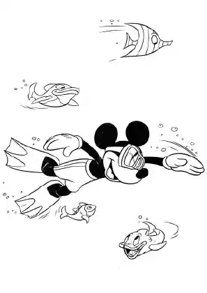 Mickey Mouse swimming underwater with fish – fun kids coloring page printable