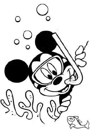 Mickey Mouse snorkeling underwater with bubbles – printable Disney coloring sheet