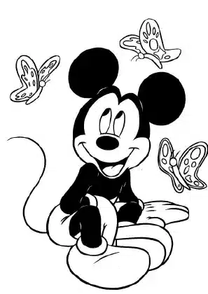 Mickey Mouse sitting with butterflies – free printable Mickey Mouse coloring page