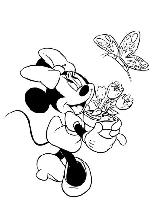 Minnie Mouse holding flowers with a butterfly – printable Mickey Mouse Clubhouse coloring page