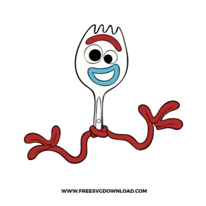 Toy Story Forky character with big eyes, blue smile, and red pipe-cleaner arms in a playful SVG design