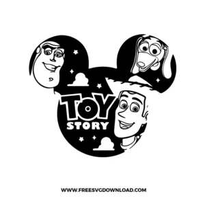 Toy Story Mickey Head SVG File showing Toy Story character faces arranged inside a black mouse head silhouette in a clean vector style.