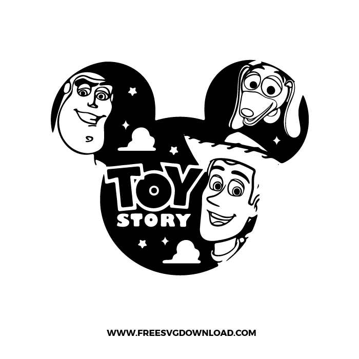 Toy Story Mickey Head SVG File showing Toy Story character faces arranged inside a black mouse head silhouette in a clean vector style.