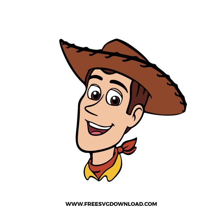 Toy Story Woody SVG File showing the smiling cowboy wearing his brown hat and red bandana in a clean vector illustration.