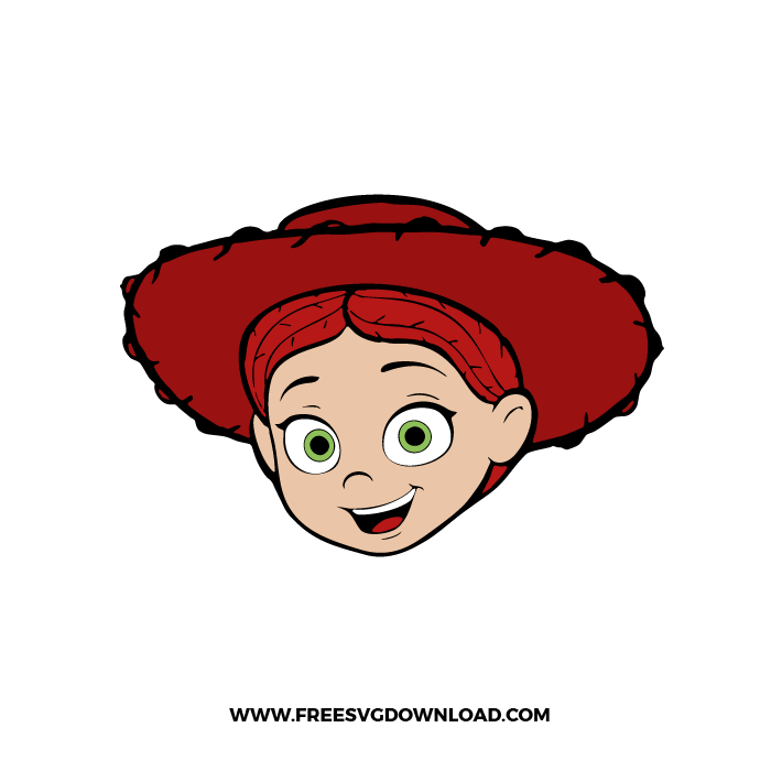 Toy Story Jessie SVG design showing the cheerful cowgirl with red hat, green eyes, and smiling cartoon face