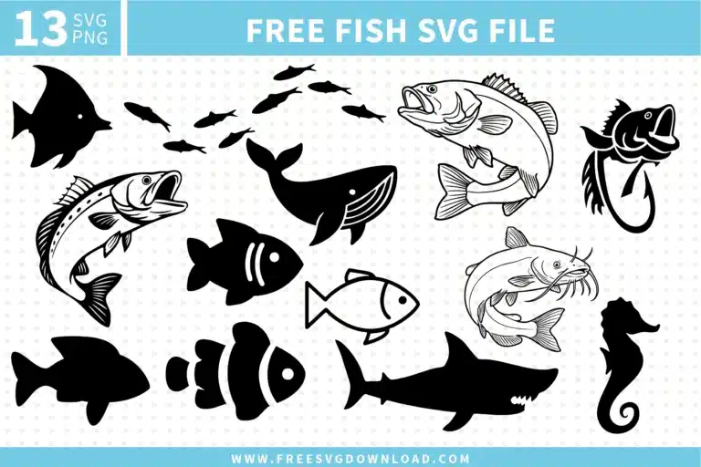 Collection of 13 free fish SVG files including bass fish, trout, catfish, shark, whale, clownfish, angelfish, seahorse, and school of fish designs for Cricut and Silhouette on white backgrounds