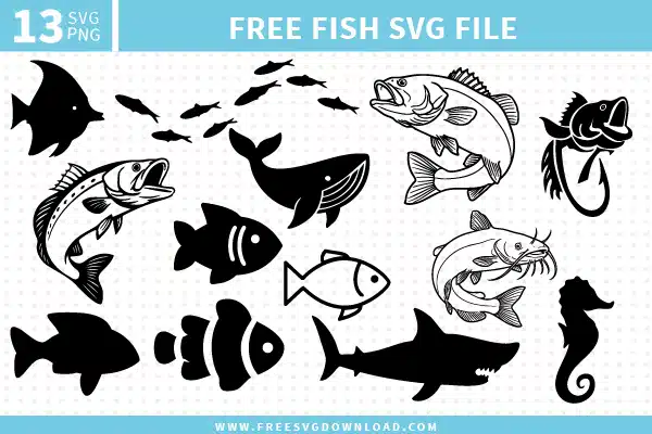 Free fish SVG bundle with 13 designs including bass fishing, shark, whale, catfish, and clownfish cut files for Cricut and Silhouette