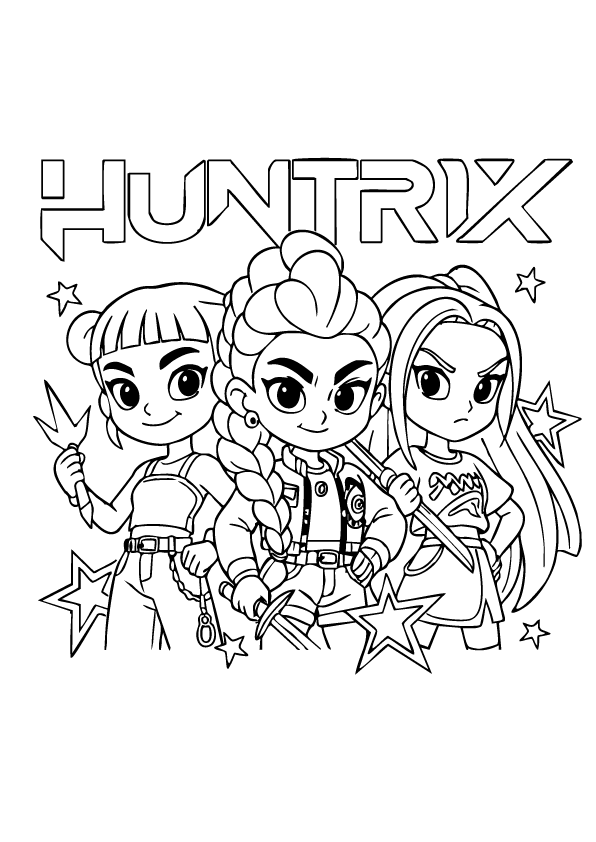 Cute chibi Huntrix Kpop Demon Hunters trio with stars – printable coloring page for kids