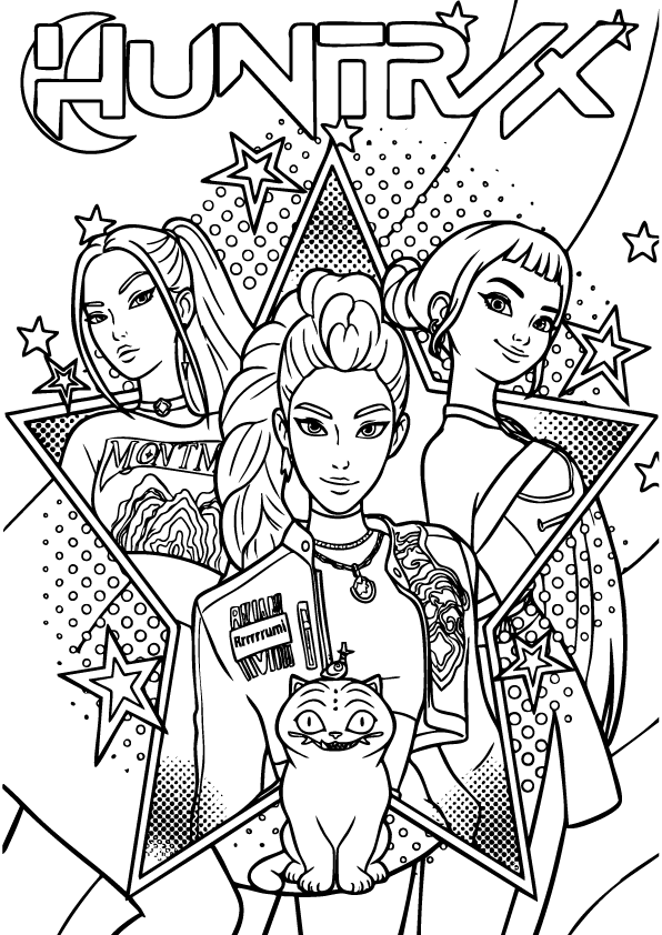 Huntrix Kpop Demon Hunters pop art style poster with stars and cat mascot – printable coloring page